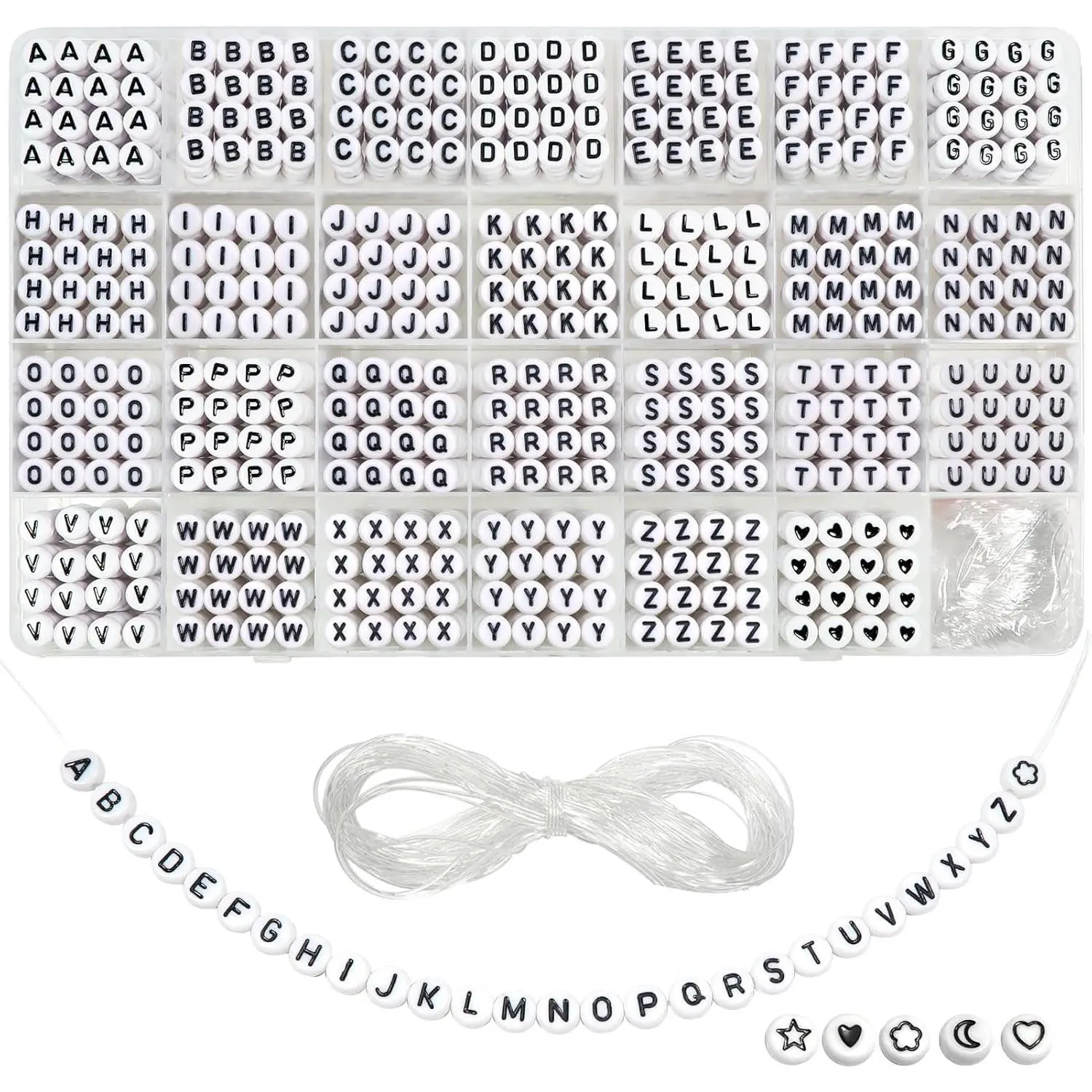 1440 count White Round Letter Beads 4x7mm  Alphabet Beads Black Letter A to Z   Heart Bead with Elastic String Cords for DIY  Making Bracelets Necklaces Key Chains