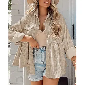 PiePieBuy Womens Corduroy Shirts Casual Long Sleeve Button Down Blouses Tunic Babydoll Dress Loose Pocket Jacket Shackets