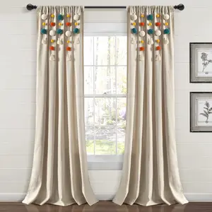 Lush Decor Boho Pom Pom Tassel Faux Linen Single Window Curtain Panel - Sold Individually - 52"W x 63"L/84"L/95L with Detachable Strings & 3" Rod Pocket for Boho & Glam Decor