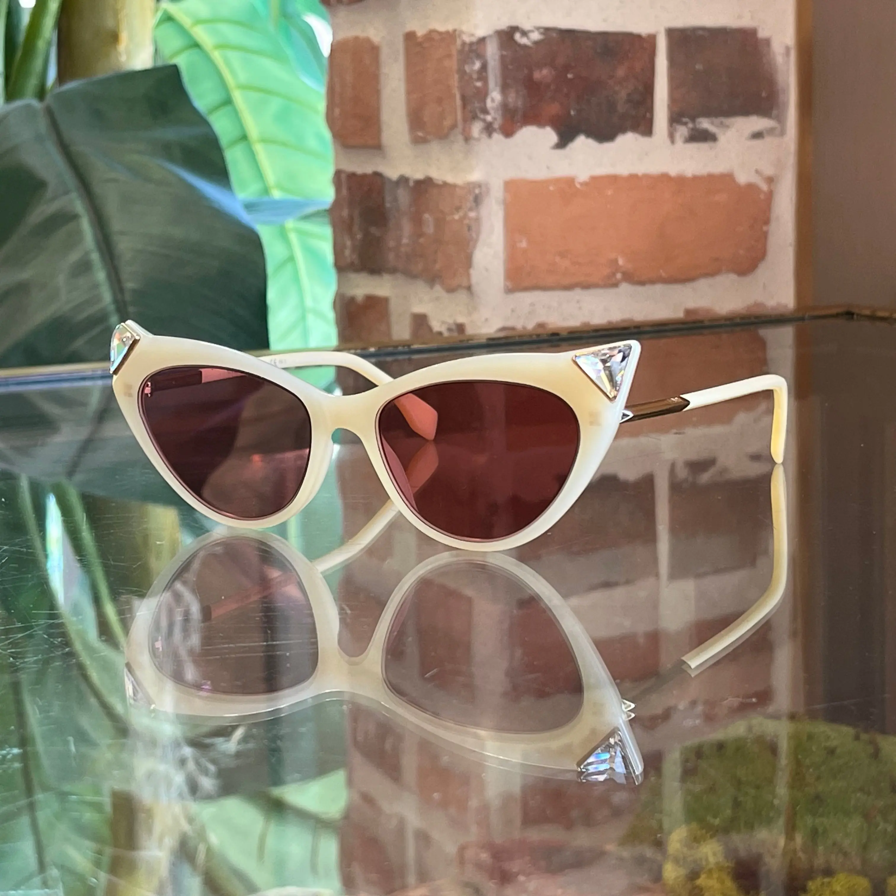 Pre-owned FENDI FF0356 Pale Yellow Cat Eye Crystal Embellished Sunglasses