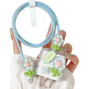Compatible for iPhone 18W/20W USB-C Charger Cover Clear Lovely 3D Flower Floral Bowknot Soft Charger Protector Cute Cable Case Saver Protector for Girls Women-(Blue Flower) 2