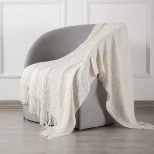 Kindred Home Soft Sofa Slip Cover Decorative Knitted Blanket, Cozy Fringed Knitted Blanket, Decorative Throws and Throws, Farmhouse Warm Woven Blanket for Men and Women, 50" x 60" (daim offwhite)