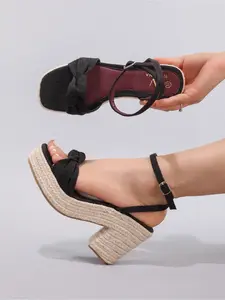 Hemp rope slope heel platform sandals women's woven straw rope kink word belt leisure summer vacation high heels European and American style, Boho style wedge, Bowknot design wedge Flatform Strappy High Heels