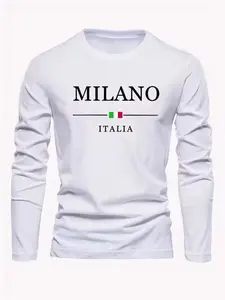 Men's Outdoor Casual Long Sleeve Fitted Stretch Graphic T-Shirt, Round Neck Fleece Lined Warm Base Layer, Polyester Elastane Blend Streetwear, Casual Style Tee