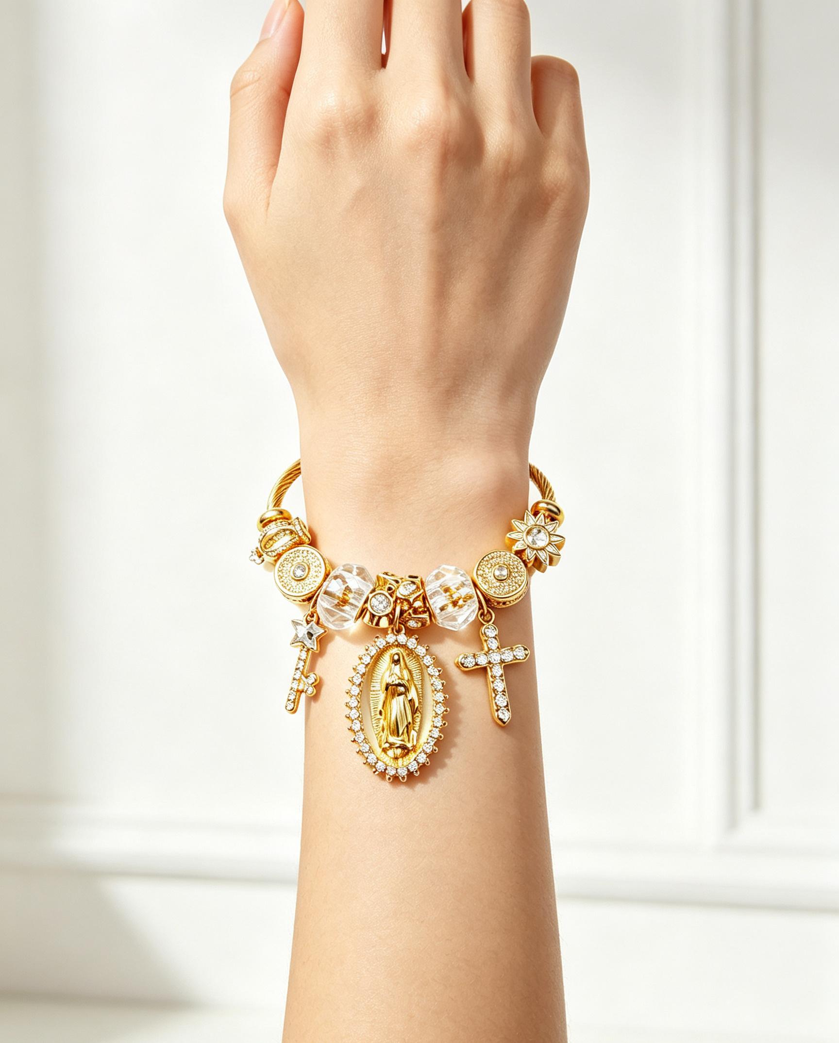 Women’s Gold Cable Wire Cuff Bracelet, Virgin Mary Guadalupe Charm Bangle with Cross, Key & Crystal Sun Beads, Catholic Religious Jewelry Gift