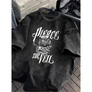 Gothic Rock Graphic Tee - Vintage Washed Black T-Shirt with Band Style Print, Oversized Crew Neck for Men & Women - Perfect for Concerts, Casual Streetwear & Music Fan Fashion