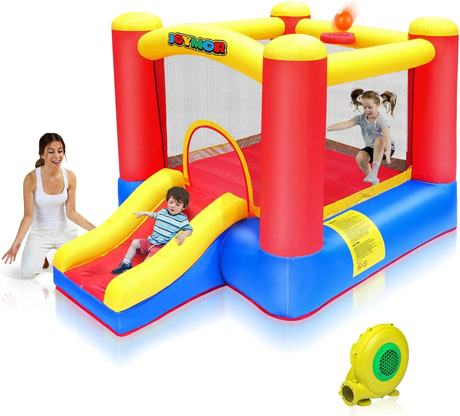 JOYMOR Inflatable Indoor Bounce House for Kids 3-6 w/Air Blower and Basketball Hoop, Small Bounce House for Kids and Toddlers Indoor Party, Indoor Bounce House with Slide for Toddlers