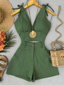 Vacation Style Chic Halter Neck Top + Wide Leg Shorts Set, Summer Casual, Slimming Two-Piece Set, Perfect for Travel and Leisure