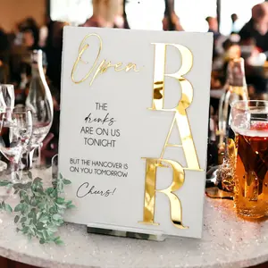 3D Mirror Gold Foil Open Bar Menu Signature Cocktails Custom Minimalist Acrylic Wedding Sign, Drinks on Us Hangover On You Signage