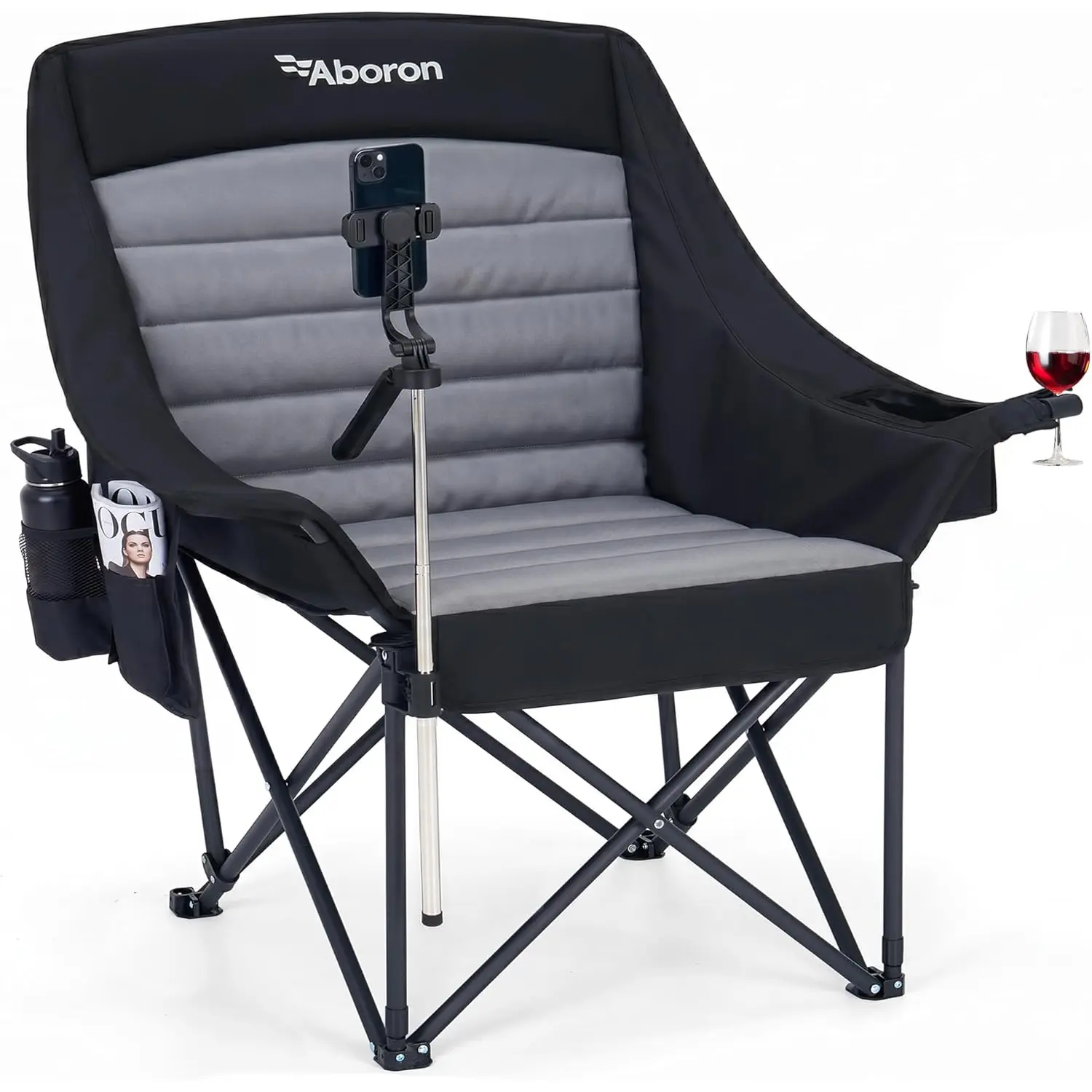 Oversized XXL Camping Chair with Phone Holder, Folding Portable Outdoor Chair Supports 600 lbs, Padded Seat with Wine Glass Holder, Cup Holder & Side Pocket for Camping, Fishing