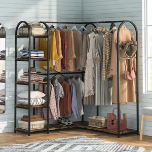 Tribesigns Freestanding Corner Clothes Rack with Hanging Rods and Storage Shelves Metal Industrial Organiser Hangable Shelf