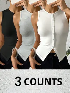 Women's Plain Round Neck Button Front Cardigan, Asymmetrical Hem Sleeveless Vest, Casual Commuter Daily Wear Top Set, 3 Piece, Summer