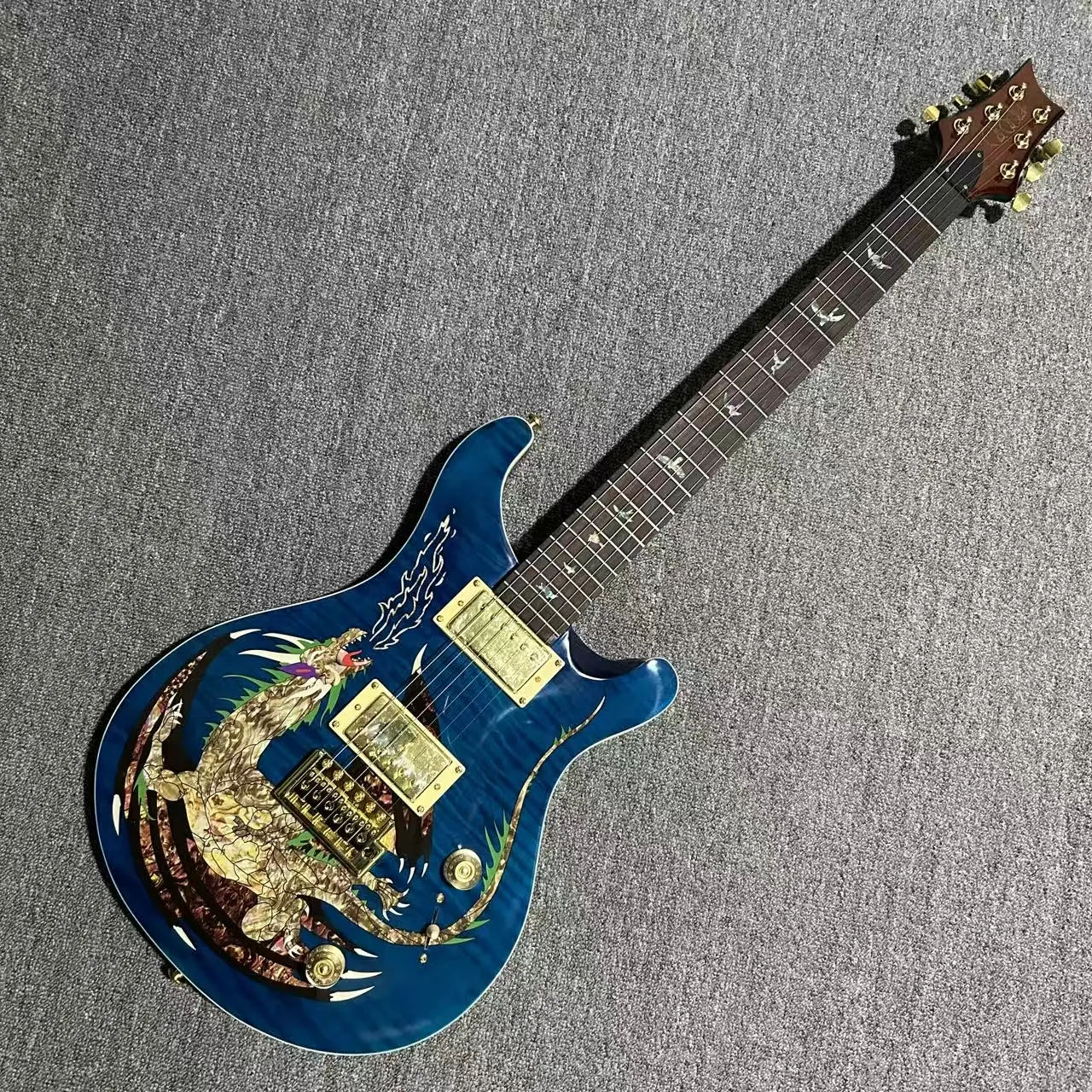 Factory Direct Blue Dragon PRS Electric Guitar - Mahogany Solid Body, Dragon Inlay, Rosewood Fretboard, Gold Hardware, Rock Style Musical Instrument