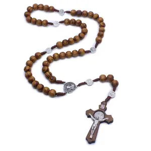 Wood Beads Cross Rosary Necklaces Catholic Pendant Christian Prayer Gift