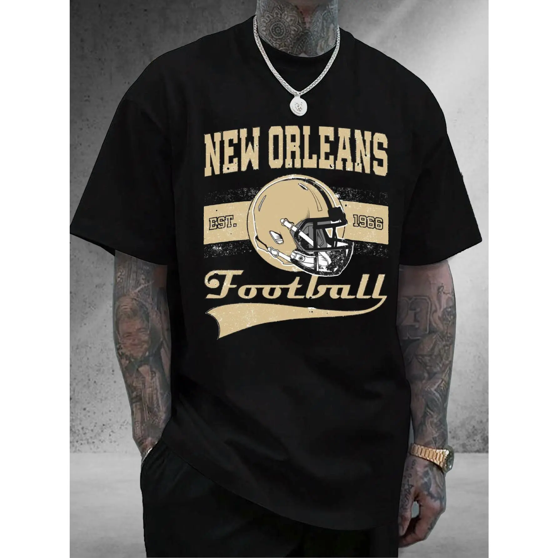 Men's & Women's New Orleans Football Helmet Graphic Undershirt - Black with Golden Accents, Shortsleeve Basic Comfy Fabric Tee, Team Spirit Sports Fan Apparel, Perfect for Game Days & Casual Wear, Breathable Football Gear Gift