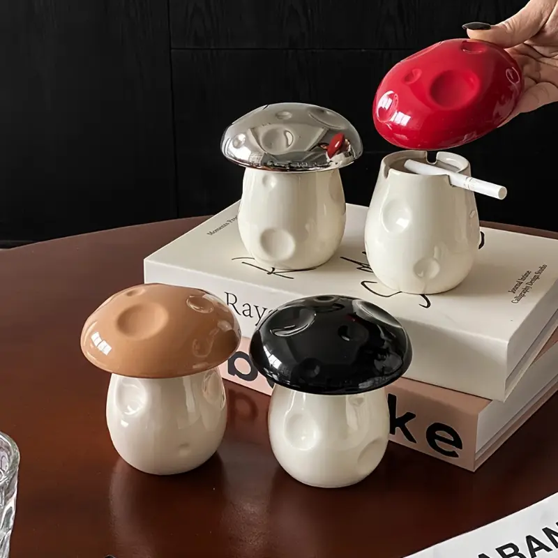1pc Handmade Ceramic Mushroom Ashtray with Lid  Windproof Design for Indoor & Outdoor Use, Cute Home Office Desk Decor, Modern Mushroom-Shaped Ashtray in White,Red,or Black, Perfect Gift for Cigar Enthusiasts, Indoor Ashtray | Modern Home Ornaments Round