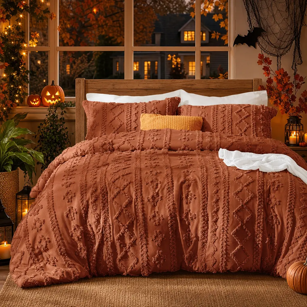 【New products】Sasttie Burgundy Size Boho Tufted GentleSoft  3-Piece Fabric Bedding Set - Jacquard Soft Farmhouse Embroidery All-Seasons Comforter, Bedroom Decor, Bedding Sets Collections, Gift for Women,Halloween Gifts,Pumpkin,Ideal for Bedroom Decoration