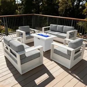 LayinSun Oversized Aluminum Outdoor Furniture Set, Patio Sofa Sets with 44 inchs Fire Pit Table, Deep Seating and Upgraded 6-inch Cushions for Porch, Balcony, Deck