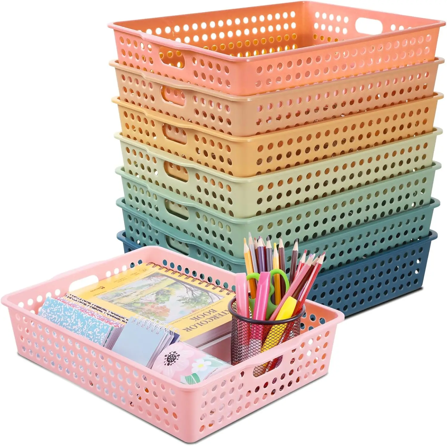 8 Pack Boho Plastic Turn in Paper Trays for Classroom Storage Bin Basket Organizers for School Teacher Supplies Classroom Office Home Organization and Storage Tray Holds 4A Paper File,back to school,back to school haul