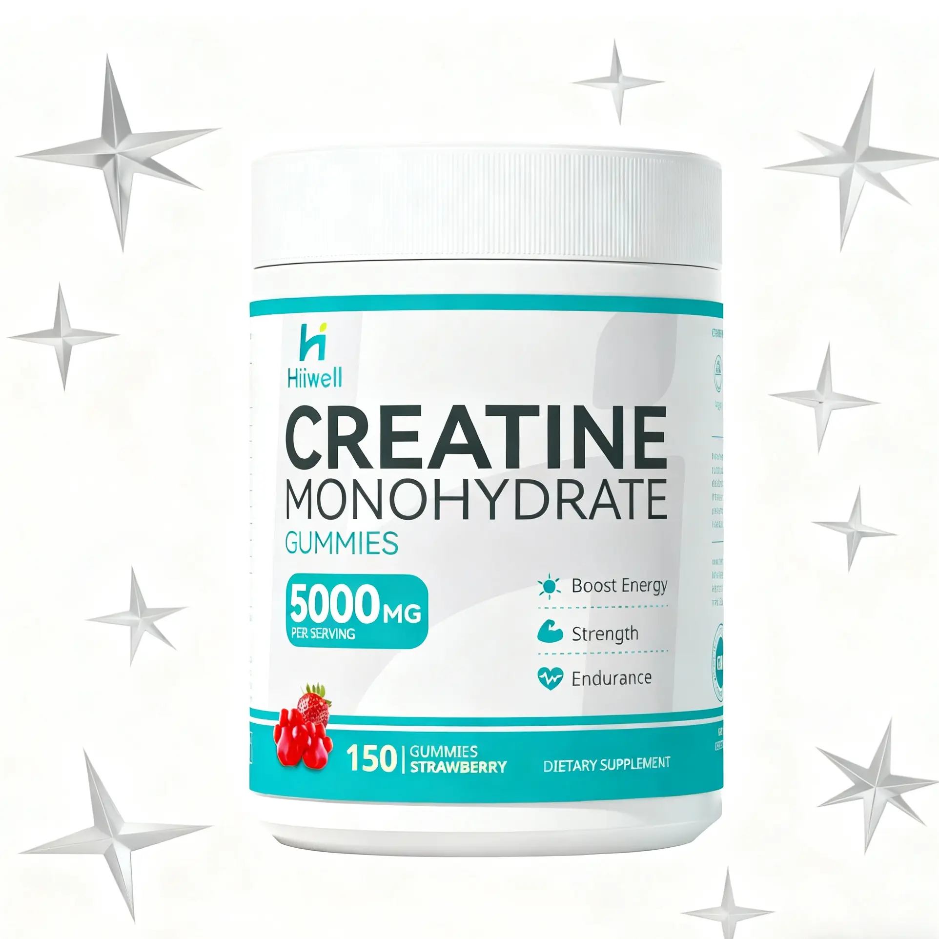Hiwell Vegan Chewable Creatine Monohydrate Gummies - 5000mg per Serving, 150-Piece Strawberry Mix, with L-Carnitine, Vitamin B6 & B12, Boosts Energy & Strength, Portable, Third-Party Tested, Brain Health Support, Healthier Choice