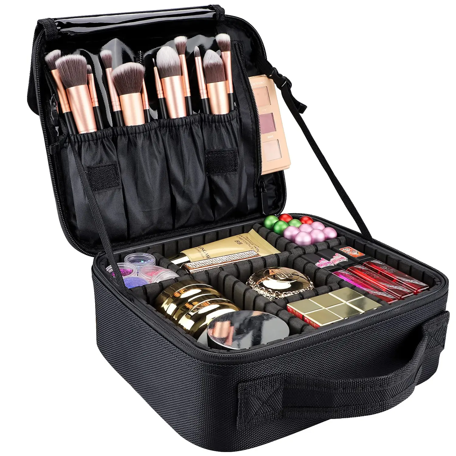 Travel Makeup Bag,Portable Makeup Case for Women,Professional Cosmetic Train Case Organizer Artist Storage Bag With Adjustable Dividers Brushes Toiletry Jewelry Digital Accessories