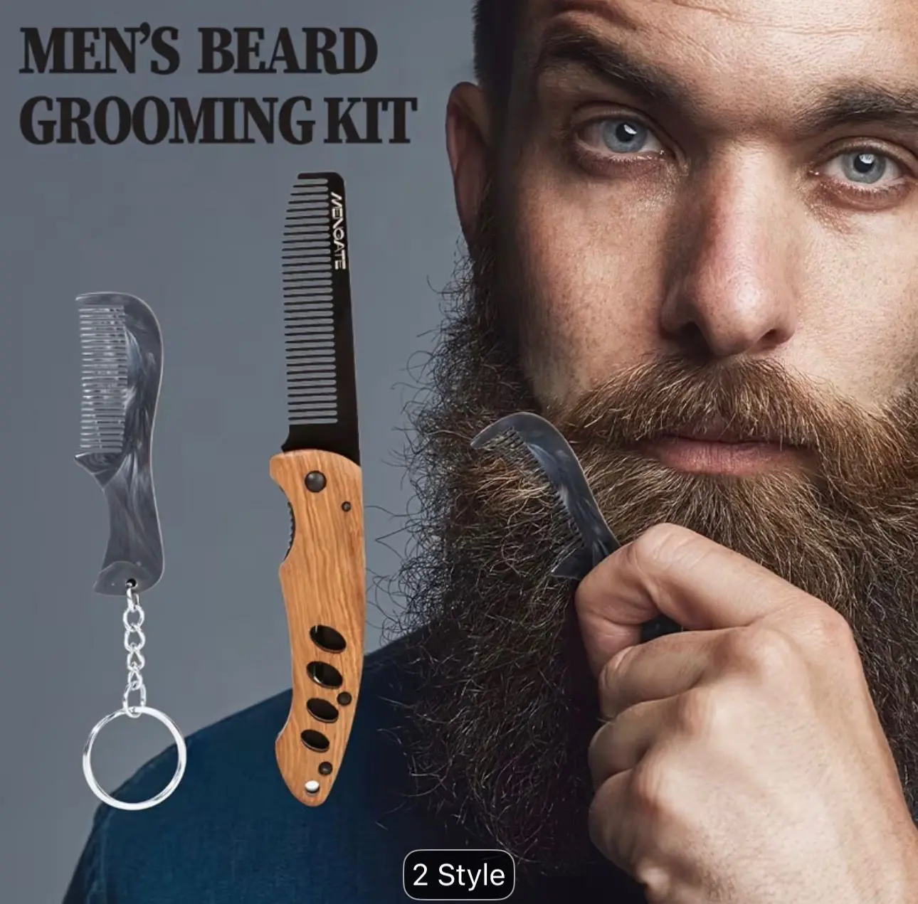 Men's Folding Pocket Beard & Mustache Grooming Kit with Comb • Stainless Tactical Tool Suitable for Travel • 180° Rotatable Handle • Compact Beard Trimmer
