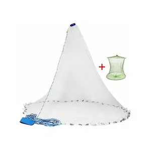 Handmade American Saltwater Fishing Cast Net With Heavy Duty Real Zinc Sinker Weights For Bait Trap Fish 3FT/4FT/5FT/6FT/7FT/8FT/9FT/10FT Radius 3/8 Inch Mesh Size, With Gift Shrimp Net