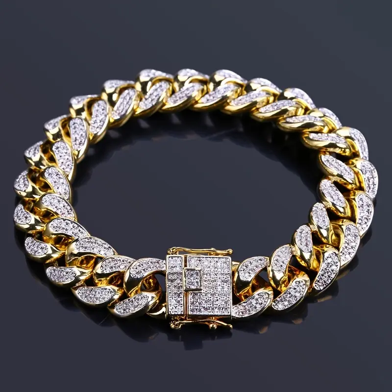 Micro-Pave Full Synthetic Synthetic Cubic Zirconiaia Miami Cuban Link 14mm Men's Micro-Faceted 14K Golden Plated Golden Plated Bracelet
