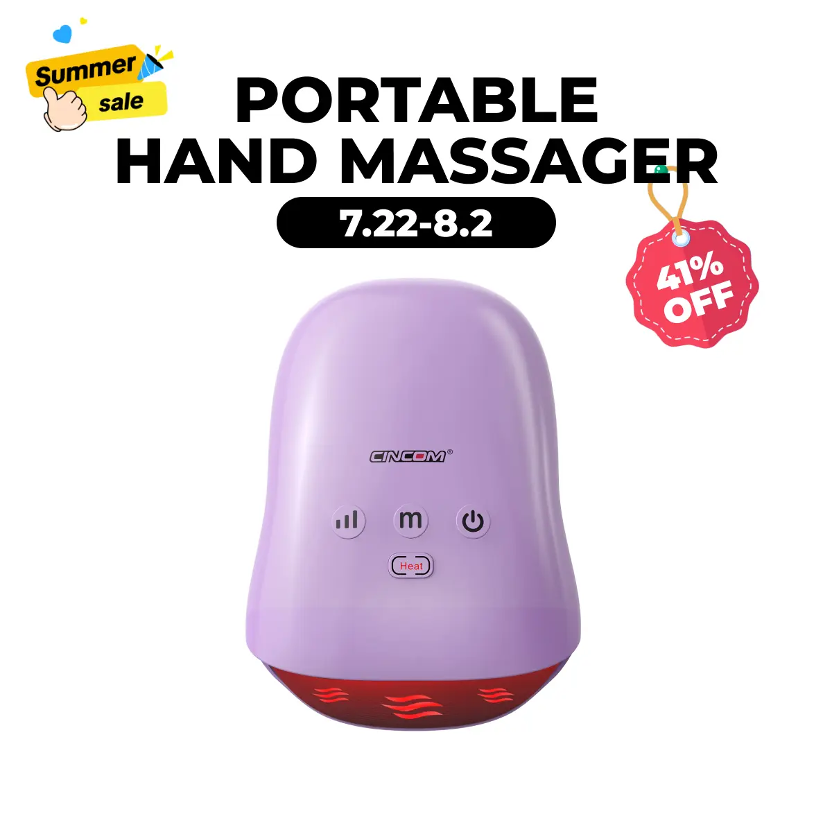 CINCOM Cordless Vibratory Hand Massager (Purple) - Portable Pain Relief, Multi-Mode Massage Device with Comfort Heat, Adjustable Settings, Auto-Off, Rechargeable, Ideal Choice for Gifts