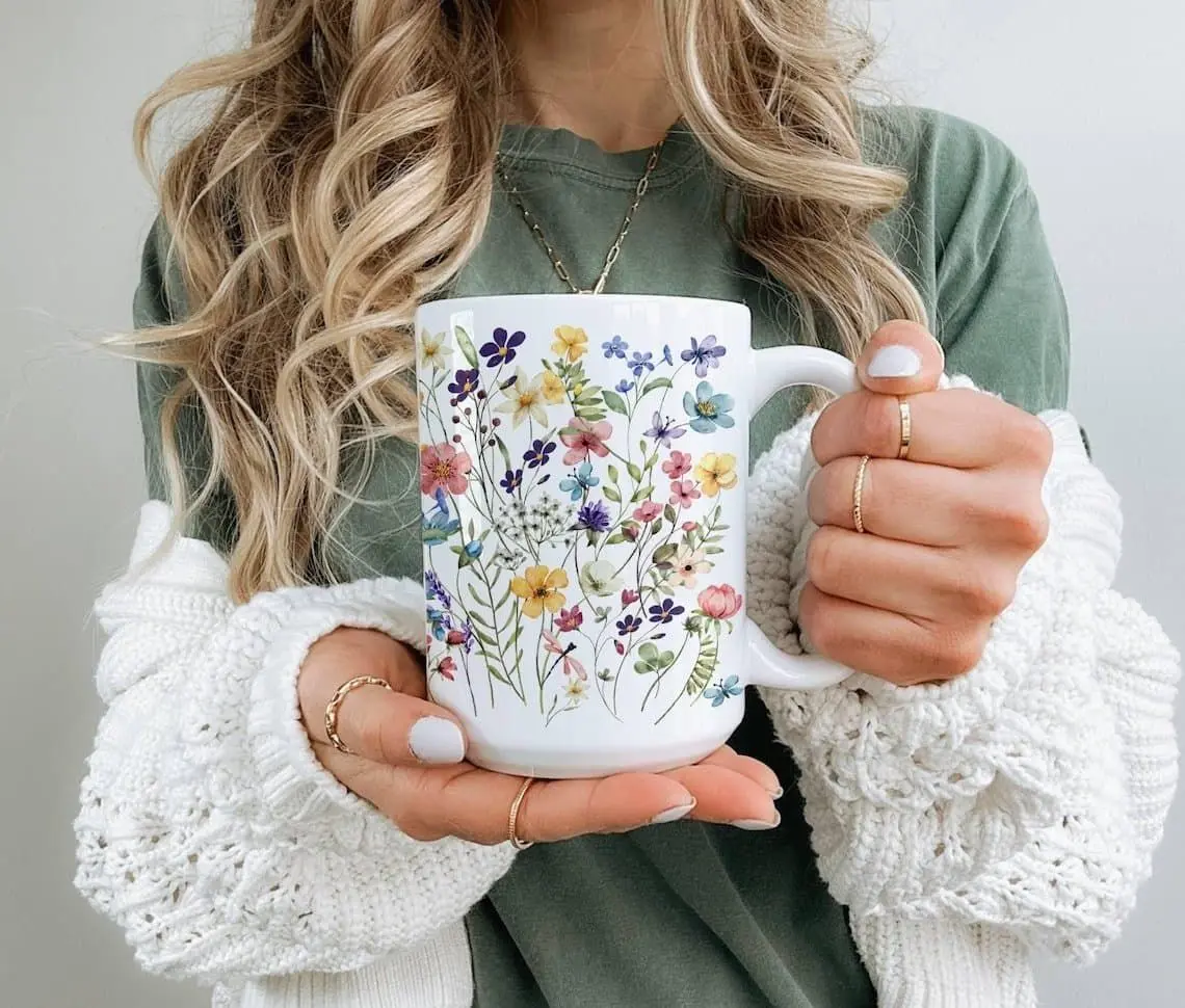 [Sale off up to 50%] Boho Wildflowers Cottagecore Coffee Mug, Wildflower Tea Cup, Flower Garden, wildflower, Pressed Flowers, Pastel Floral Mug, 11oz & 15oz ceramic mug