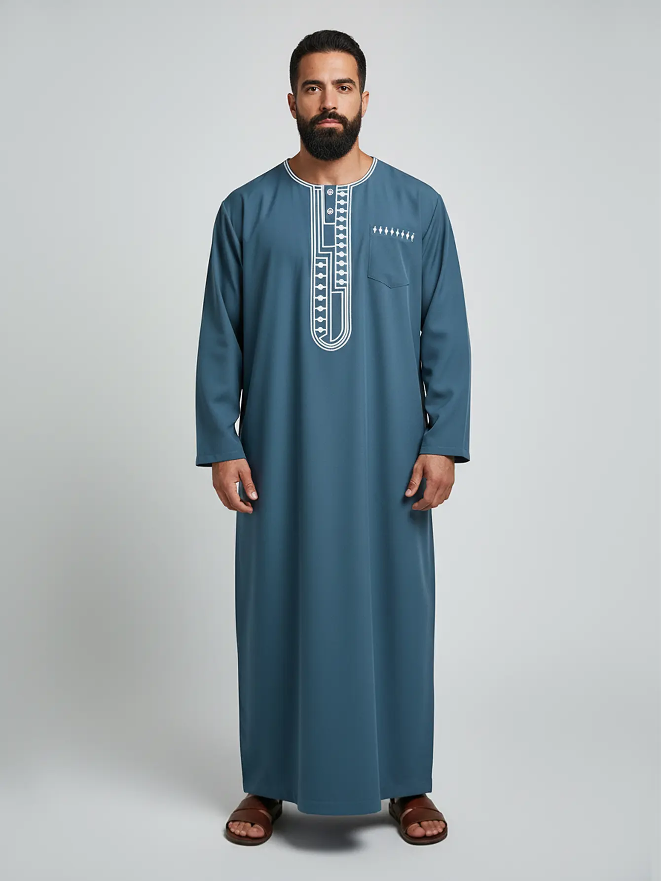 Men’s Traditional Moroccan Thobe, Embroidered Long Sleeve Islamic Formal Kaftan, Jubba Muslim Robe for Eid, Prayer & Daily Wear Chic Navy