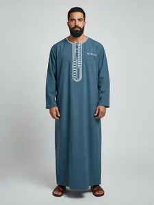 Men’s Traditional Moroccan Thobe, Embroidered Long Sleeve Islamic Formal Kaftan, Jubba Muslim Robe for Eid, Prayer & Daily Wear Chic Navy