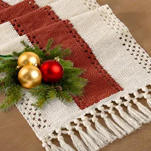 Boho Table Runner Easter Farmhouse Rustic Dining Centerpiece Woven Cotton Coffee Table Runner for Dresser Scarf Home Decor 12x72 inch Terracotta Ivory