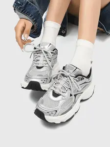 HOBIBEAR Women's Breathable Mesh Sneakers, Casual Low Top Lace-Up Shoes, PU Leather Round Toe Running Sports Shoes for All Seasons