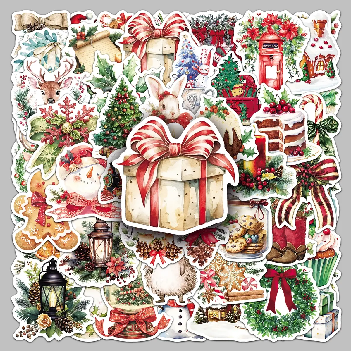 50pcs retro watercolor Christmas creative cartoon holiday sticker diy laptop storage box desktop sticker Festive Decoration Diy Ornament Christmas Decorations