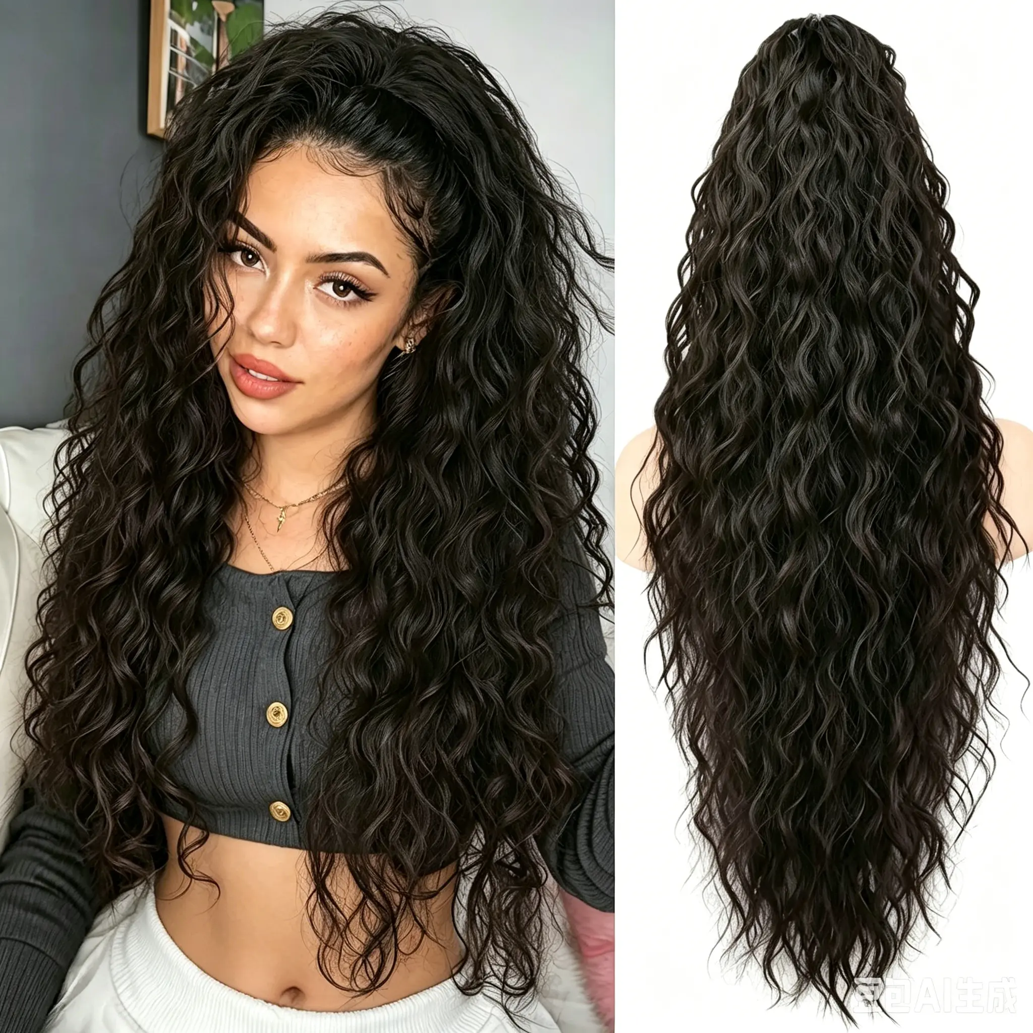 [Thick Density]BOO Hair Extension Claw Ponytail For Women Long Wavy Drawsting Ponytail Extension Black Brown 30 Inch Curly Clip Ponytail in Hair Extensions Fluffy Natural Looking Synthetic Hairpiece for Daily Party Use Easy To Go