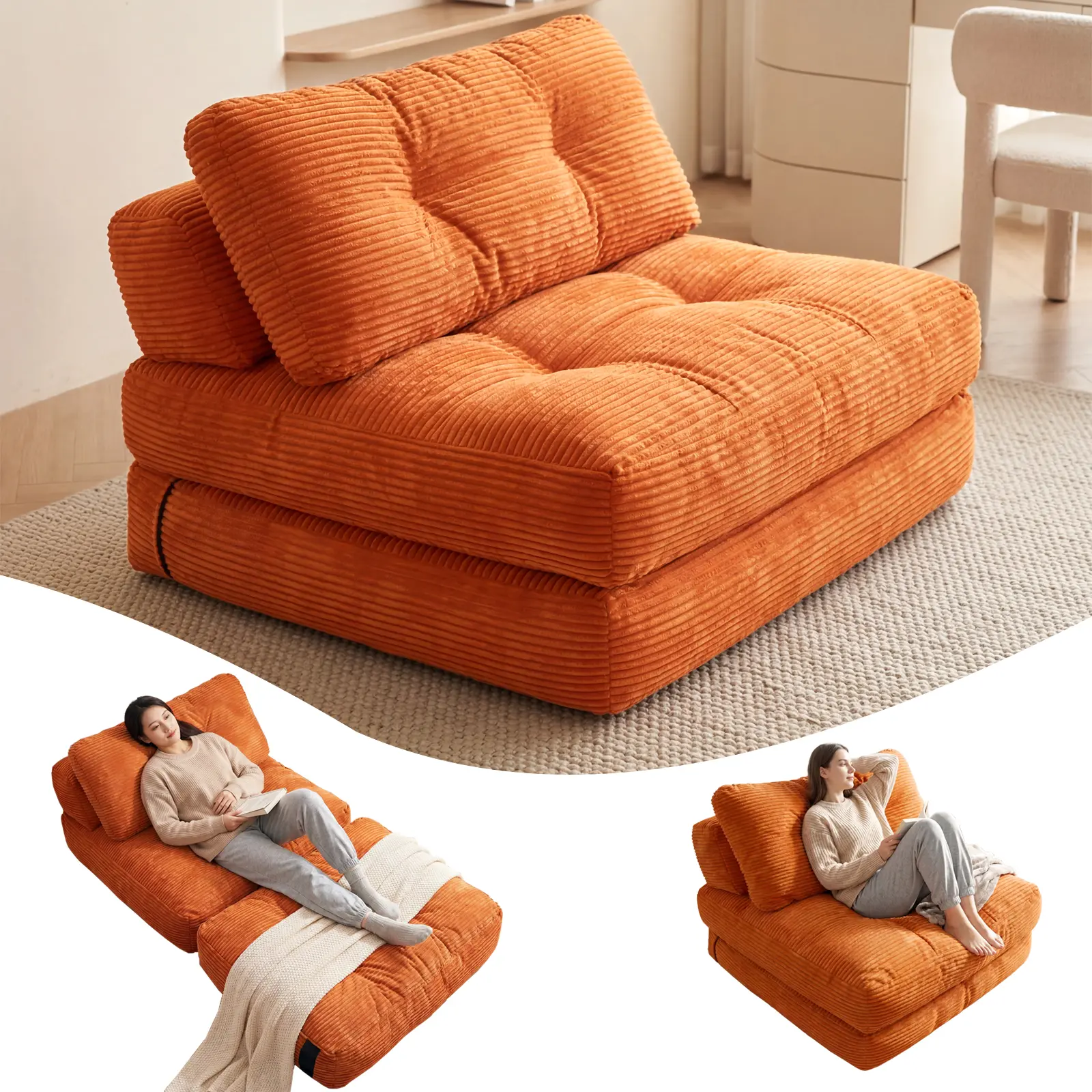 Guyii 36.61-in Orange Foldable Multifunctional Futon Sofa Bed - Single Convertible Sleeper Bedroom Furniture with Back Support Pillow, Foam Cord, Portable Adjustable Modern Floor Lounger for Living Rooms,Dorms, Single Seat