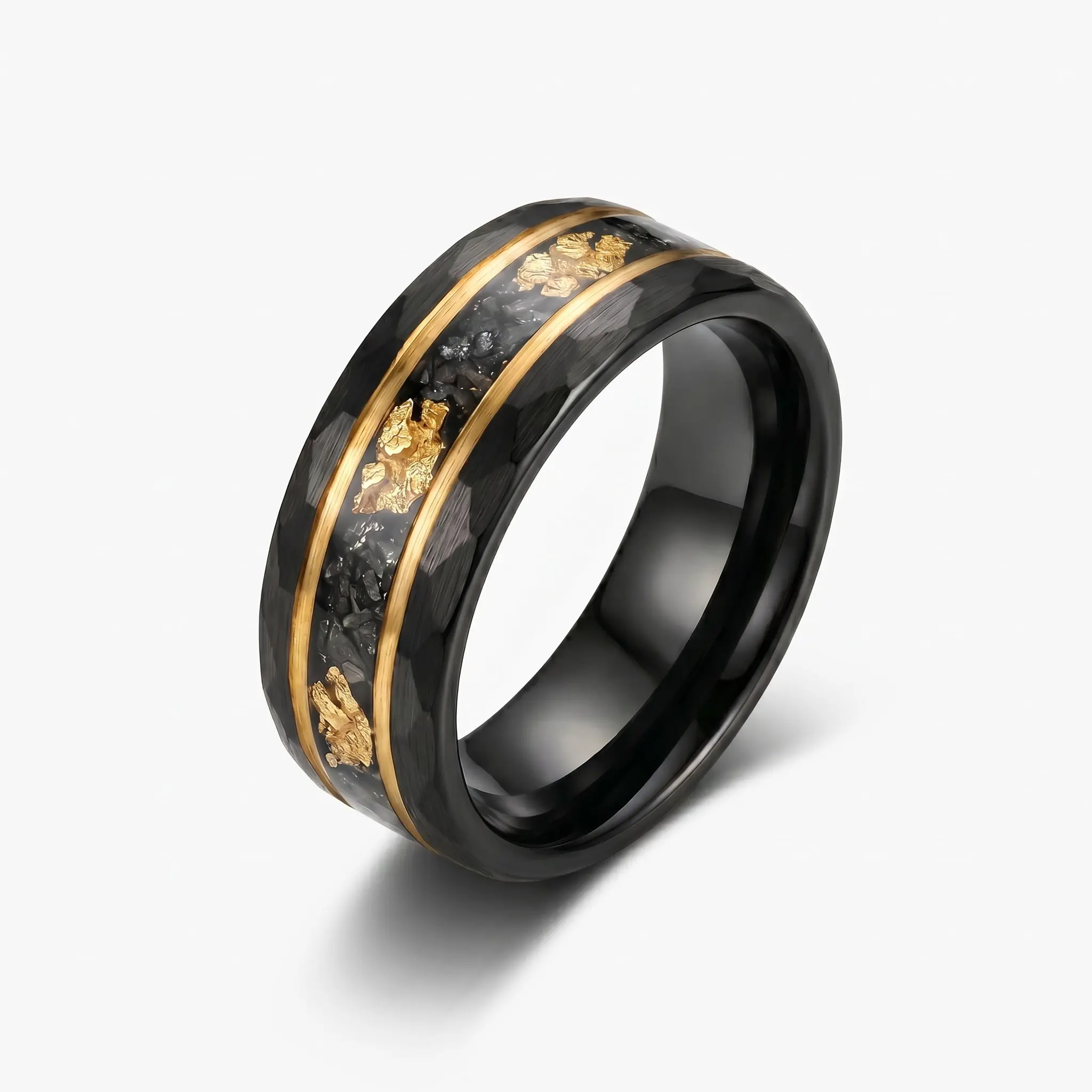 Black Tungsten Wedding Band with Gold Inlay and Meteorites
