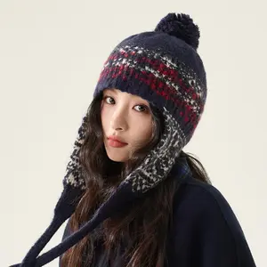 Women's Chic Retro Nordic Style Wool Blend Beanie, Female Clothes Accessory with Knit Ear Flaps, Adjustable Flaps, Windproof Design, Fluffy Pom Pom & Insulation for Daily Wear Headwear Protection
