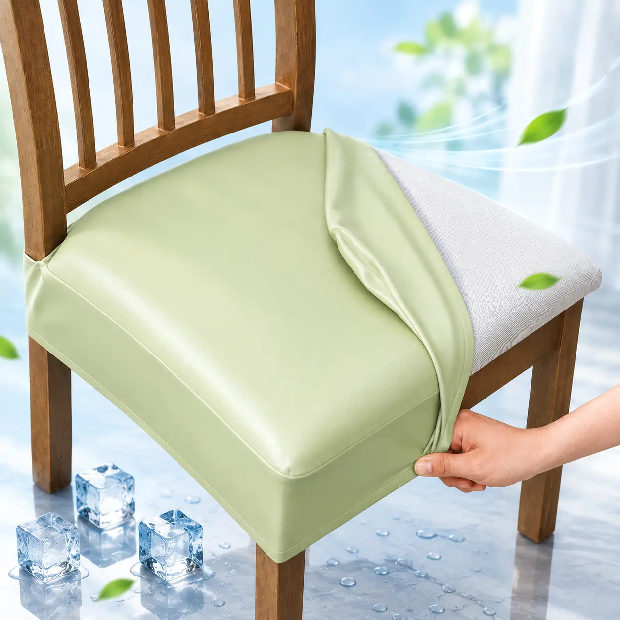 GOSTADY Cool Sensation PU Dining Chair Covers, Waterproof Stretch Cool Feeling Fabric Seat Slipcovers, Removable Washable Kitchen Dining Chair Seat Protectors
