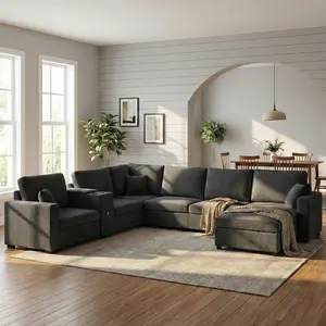 Niccae 5-Seat U-Shape Modular Sectional Sofa Couch with Square Arms, 134in Deep Seat, Chaise Lounge, Built-In Cup Holders, Storage Organizer Drawer, and Pillows for Living Rooms, Black