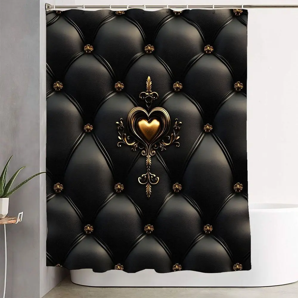 1/4pcs Black Gold Heart Filigree Bathroom Set - Quilted Shower Curtain + 2 Bath Mats + Toilet Lid Cover, Valentine'S Day/Wedding Decor Gift for Bathroom, Bathroom Decorations, Romantic Festive Vibes, Bathroom Decor And Accessories