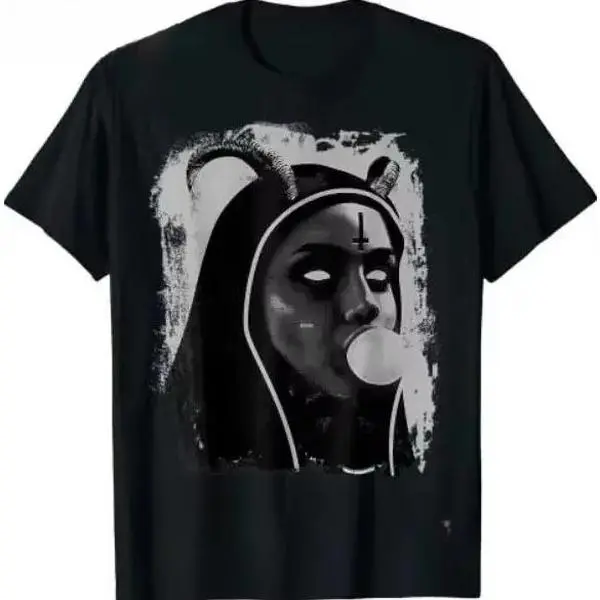 Gothic Occult Print Unisex T-Shirt, Short Sleeve Cotton Polyester Blend Streetwear for Outdoor Sports, Sporty Chic, Pull-On Closure, Round Neck, Printed, Outdoor Wear, Recycle Polyester, S, M, 3Xl, Occult Satanic Nun, Shortsleeve, Tshirt, Top