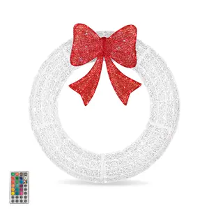 36in Pre-lit Christmas Wreath Decoration, Outdoor Lighted Wreath with Red Bow, Remote Control LED Lights with Timer, Front Door Wall Holiday Decoration for Home Porch Yard