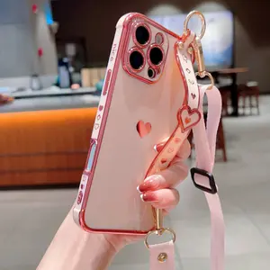 Crossbody lanyard iPhone 17 Air phone case with electroplated side heart-shaped wrist strap, adjustable lanyard for iPhone 16 Pro Max, lazy telescopic stand for iPhone 15 PRO, soft protective case for 14/13