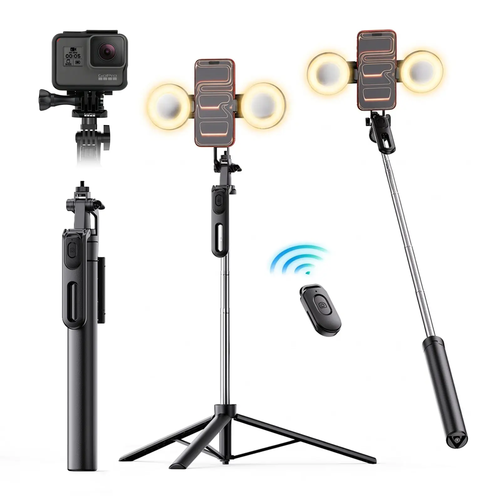 Black 360° Manual Rotation Wireless Selfie Stick Tripod with 2 Flashlights, Strong Legs, Adjustable Balance Handle, ABS Plastic Mobile Accessory for iPhone, Samsung & Android Smartphones, Cameras, Two Flashlights