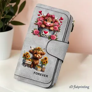 1pc Highland cow sunflowers pattern women's long wallet, Card holder wallet, portable snap coin purse, birthday gift and daily commuting essential, suitable for outdoor, travel and family use, Wallets Women, 3.03CYJ-1