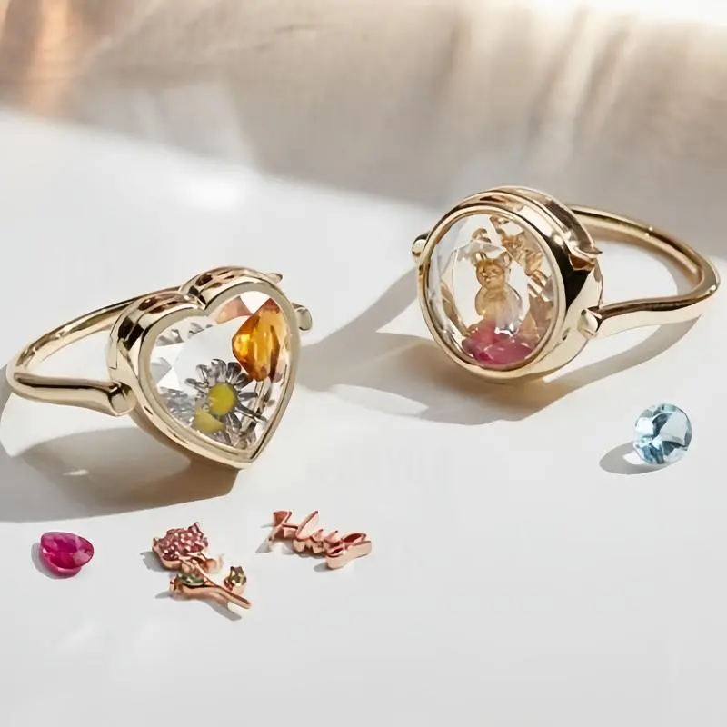 Heart-shaped Circular Box Ring That Can Be Opened DIY Hollow Design Transparent Box Ring Colorful Zircon Accessories Gifts