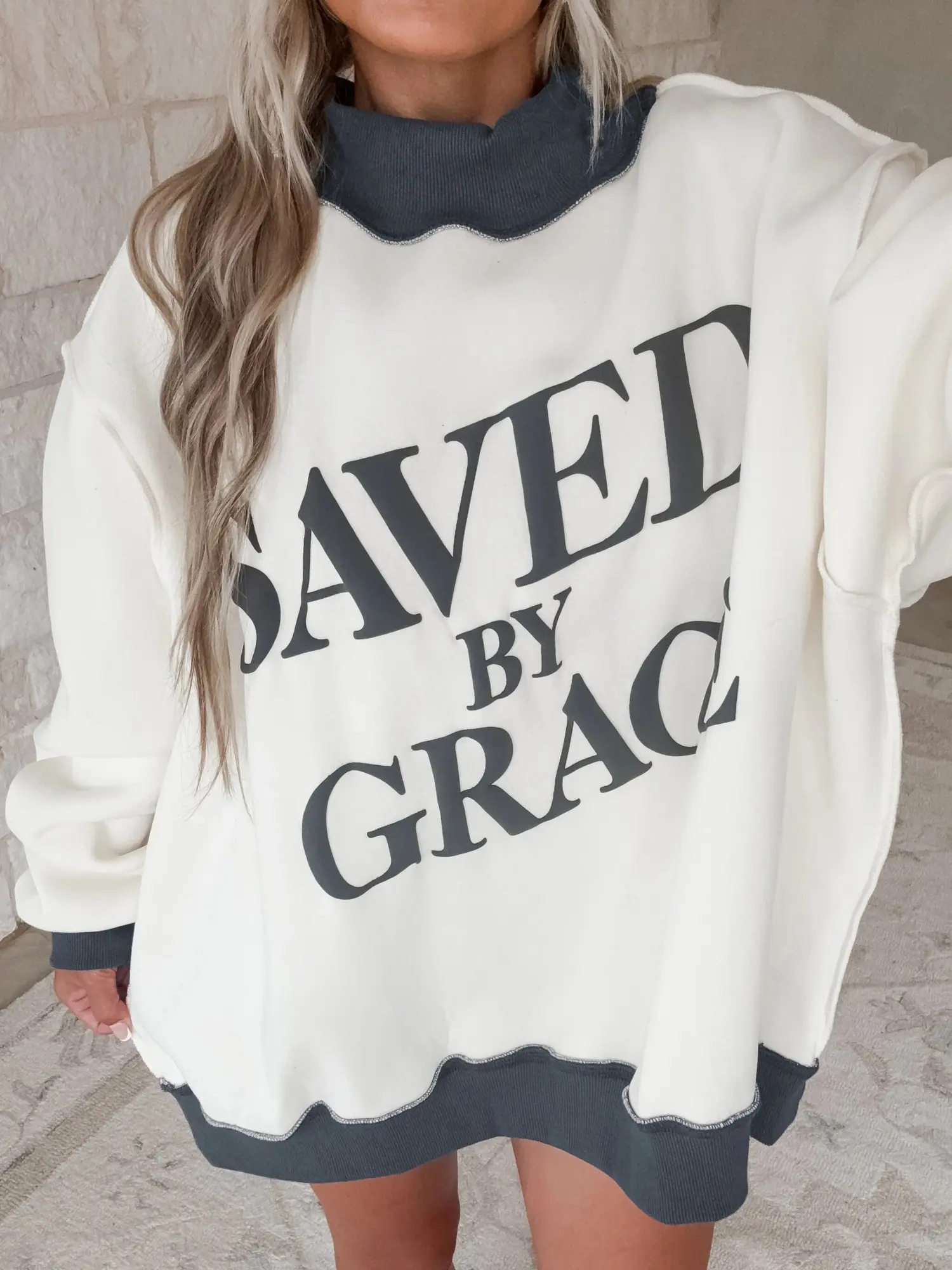 Women's Saved By Grace Print Cotton Soft Loose Baggy Sweatshirt - 1-Piece Ribbed Mock Neck Long Sleeve Colorblock Oversized Pullover, Stylish Lady Top with Comfortable Fabric,sohochic