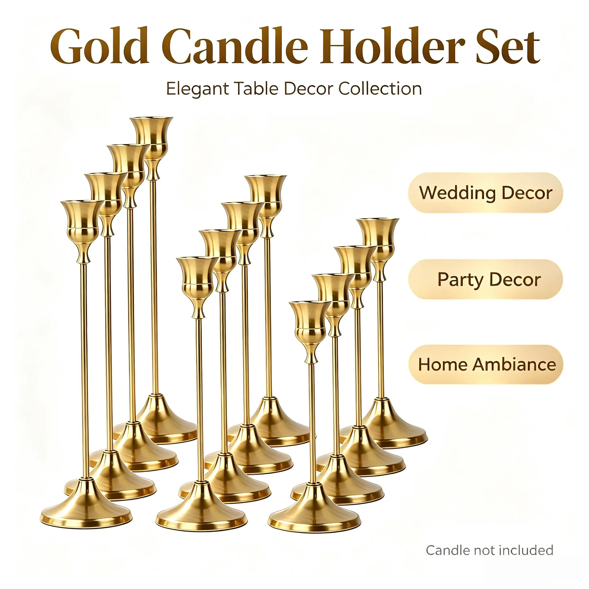Sturdy Tapered Gold-Toned Aluminum Metal Cone Candle Holders - Set of 3 (12-Piece Total), Modern Vintage Table Decor Centerpiece, Mantel/Fireplace Accent, Ideal Gift for Christmas Weddings